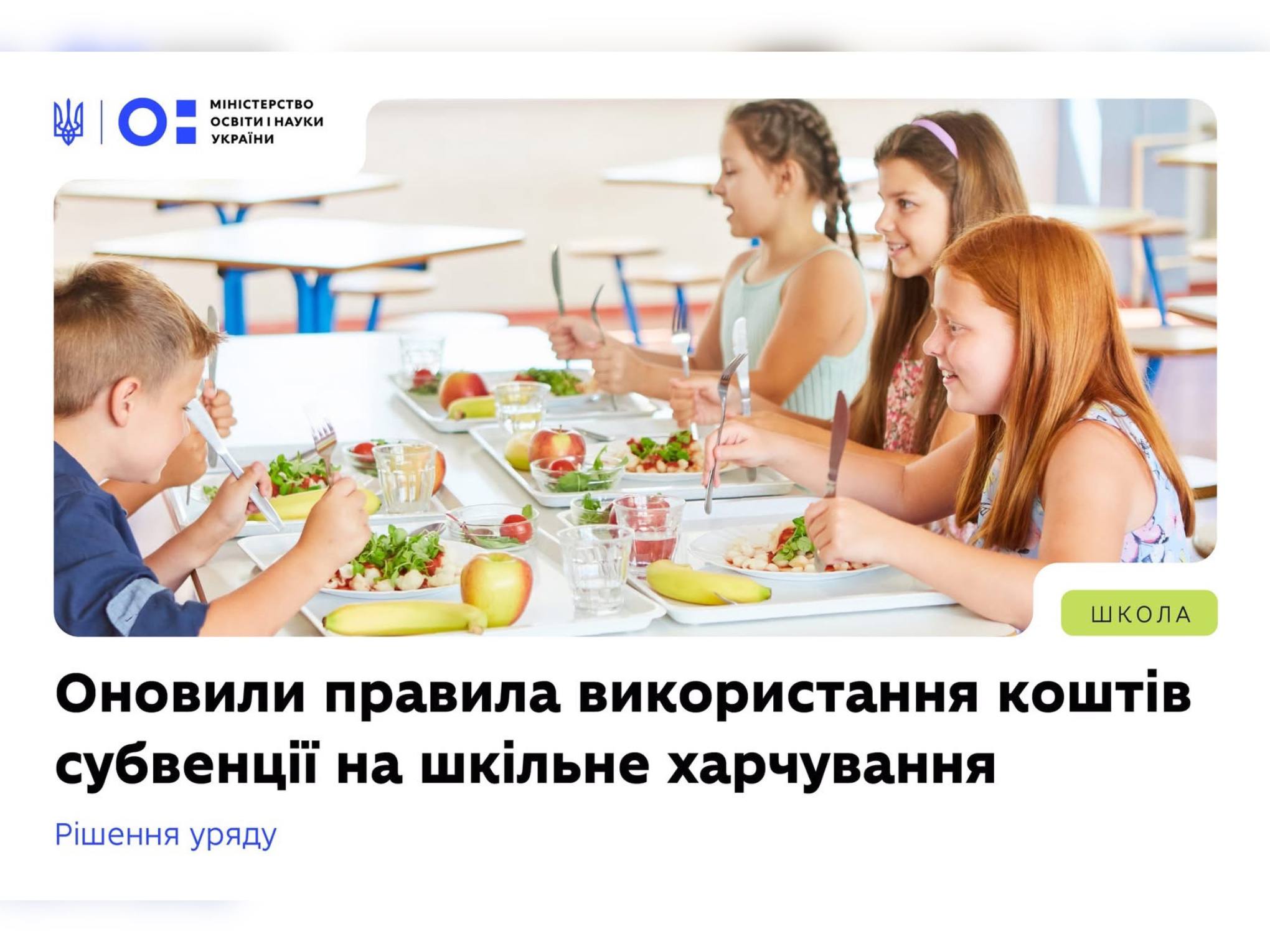 Уряд оновив правила використання коштів субвенції на шкільне харчування