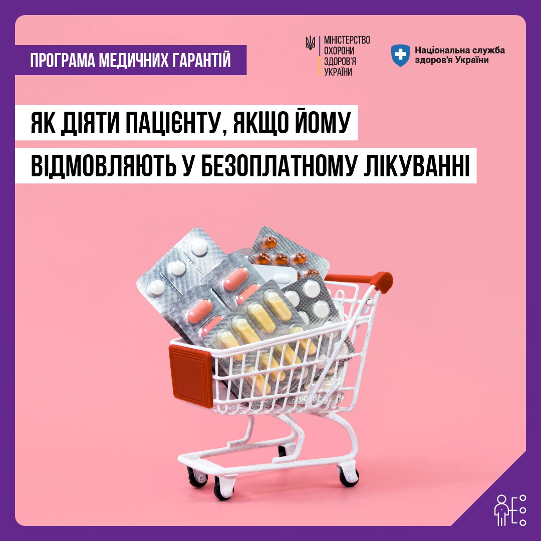 корзина з ліками та напис "Як діяти пацієнту, якщо йому відмовляють у безоплатному лікуванні?"