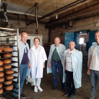 Три чоловіка і жінка в білих халатах в цеху підприємства по виробництву хлібобулочних виробів